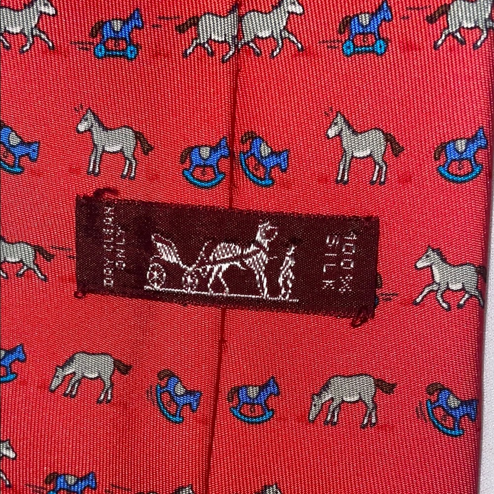 Hermes Red and Blue Silk Tie with Pony and Rocking Horse Design - Picture 3 of 6